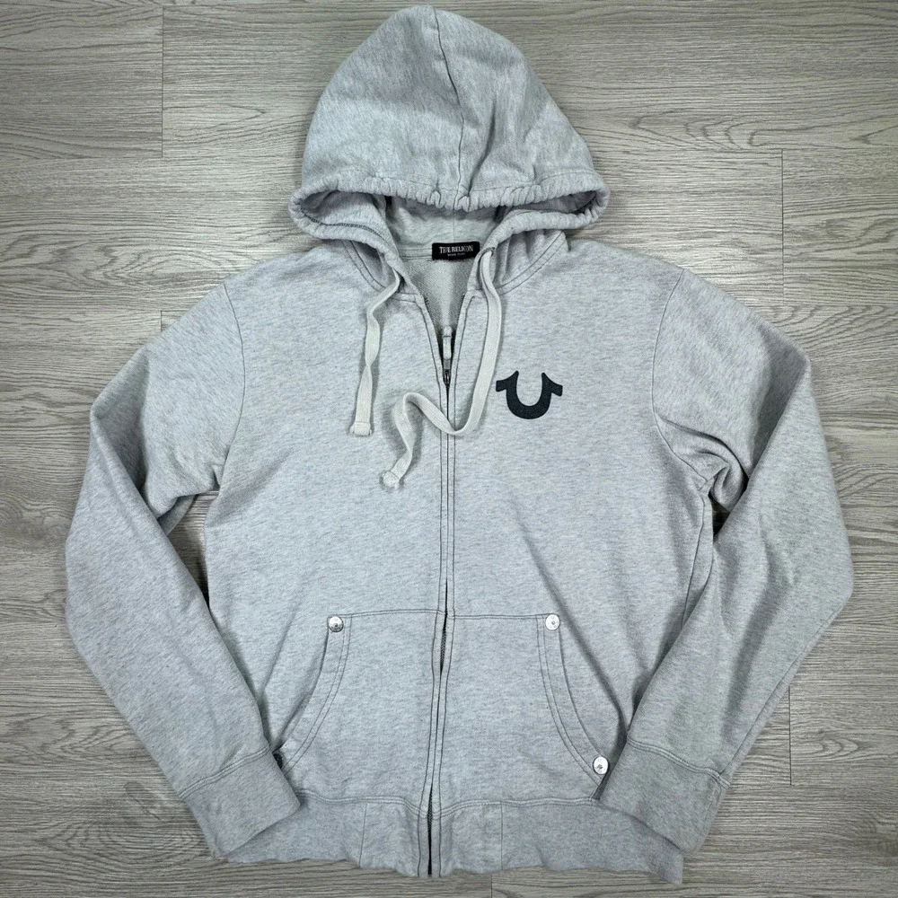 True Religion Men's Hoodie World Tour Buddha Zip Up Grey Small Graphic Logo